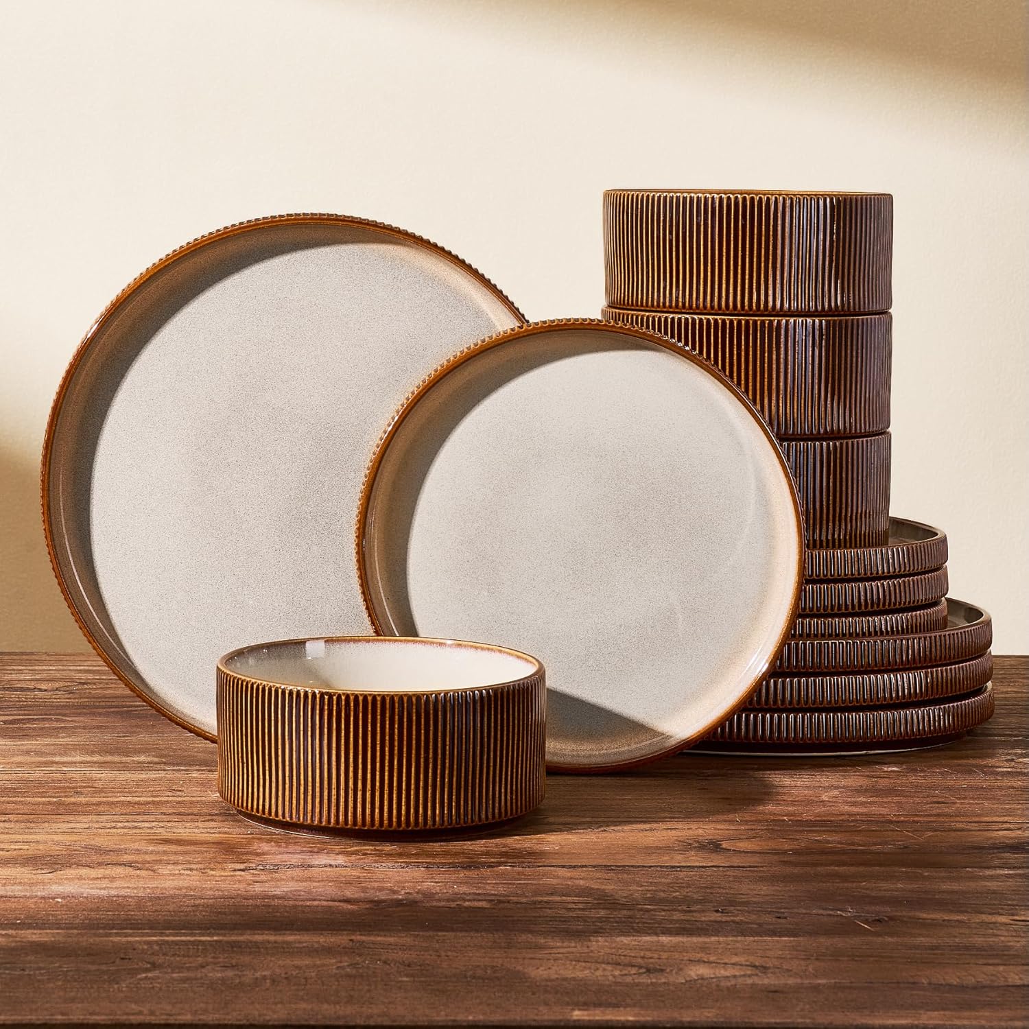 16-Piece Ribbed Stoneware Dinner Set