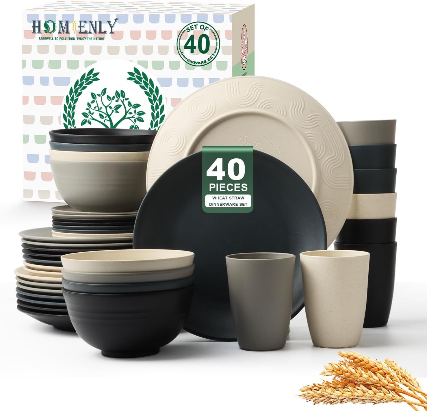 40-Piece Wheat Straw Dining Set for Eight
