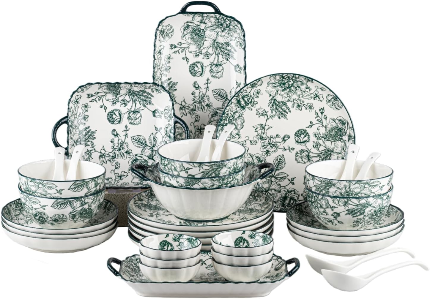 Emerald Bloom Porcelain Dinnerware - 36-Piece Floral Porcelain